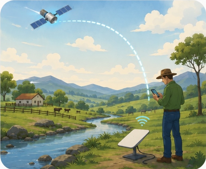 Fazenda com rio, produtor usando celular e antena Starlink